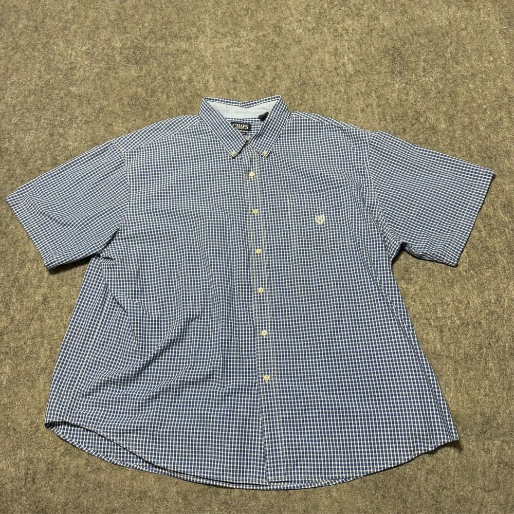 Chaps Easy Care Dress Shirt Size 4XB Blue White Gingham Check Short Sleeve